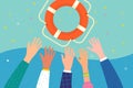 Concept of Help. Helping Business survive. Hands catch a lifebuoy. Getting lifebuoy for help, support, and survival. Royalty Free Stock Photo