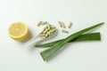 Concept of herb pills with aloe on white background