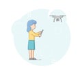 Concept Of Hi Tech. Young Creative Woman Is Launching Drone, Control Flight Of Gadget With Remote Control. Technologies Royalty Free Stock Photo