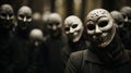 The concept of hidden emotions: a man in a mask smiles at a family meeting, but deep sadness is read in his eyes. Close