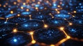 Concept of high-tech innovation and communication featuring abstract futuristic hexagons and circuit boards.