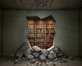 Concept of a hole in destroyed concrete wall and books behind it.