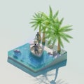 Concept of a holiday scene at a resort in the tropics. boating man and woman couple relaxing on palm island