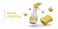 Concept of home cleaning. Plastic bottle spray gun, porous sponge, soap bubbles, stars
