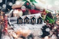 Concept of Home and comfort. Christmas decor Warm sweater, candles, Christmas tree. Word Home. Winter mood, Cozy Home