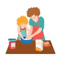 Concept of home cooking with child. Mother and daughter cooking on kitchen. Eggs and bag of flour on table. Kid helps Royalty Free Stock Photo