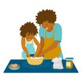 Concept of home cooking with child. Mother and daughter cooking on kitchen. Eggs and bag of flour on table. Kid helps Royalty Free Stock Photo