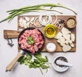 Concept of home cooking minced meat with vegetables, spices and herbs on wooden rustic background top view close up