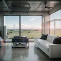 Concept of a home energy storage system based on a lithium ion battery pack situated in a modern garage with view on a vast
