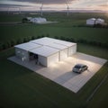 Concept of a home energy storage system based on a lithium ion battery pack situated in a modern garage with view on a vast Royalty Free Stock Photo