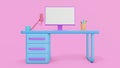 Concept home working. Lovely job. Modern Desk with computer. minimal work from home interior concept. Purple background. 3d