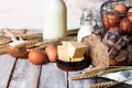 Concept of homemade bread, natural farm products, domestic production. Healthy and tasty organic food. Eggs, butter, bread, milk,