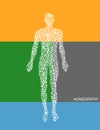 Concept of homeopathy or eco green medicine, man silhouette build with small green leaves on abstract colored background