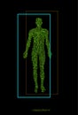 Concept of homeopathy or eco green medicine, man silhouette build with small green leaves on black background,