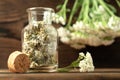 Concept of homeopathy and herbal treatment - dried achillea millefolium know as yarrow in a bottle