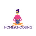 The concept of homeschooling. Home office. Boy studying with a book at home. Emblem of education. Vector illustration