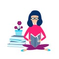 The concept of homeschooling. Home office. Girl studying with a book at home. Emblem of education. Vector illustration