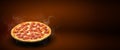 Concept promotional flyer and poster for pizzeria menu with delicious taste pizza pepperoni, mozzarella cheese and copy space Royalty Free Stock Photo