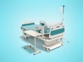 Concept hospital bed semi automatic with dropper 3d render on blue background with shadow