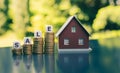 Concept for a house on sale. A hand holds a model house above a meadow. Dice form the word