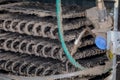 Dirty refrigerator condenser cooling coils covered in dust and pet hair.