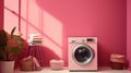 Concept of housework with washing machine on pink background