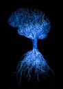 Concept human brain with blue glowing connection made from roots of tree on black background Royalty Free Stock Photo