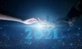 Concept of human interaction with future technologies and robotics. Accompanying a person with a cyborg in the new year 2021 and a