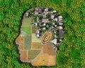 Concept of human intervention in nature. City and fields as parts of human head