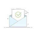 Concept icon open an email with a sheet of paper and the image of a tick with grey outline. Green checkbox.