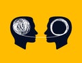 concept icon showing silhouette of human heads with tangled line inside, like brain and untangled line. unraveling of tangled line