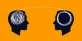 concept icon showing silhouette of human heads with tangled line outside. unraveling of tangled line. metaphor for mentor or coach Royalty Free Stock Photo