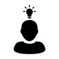 Concept icon vector male person profile avatar symbol with bulb for creative idea for business development in Glyph Pictogram Royalty Free Stock Photo