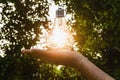 Concept idea hand hold light bulb solar