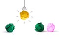 concept idea multicolor crumpled Paper Light Bulb on white back