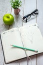 The concept of the idea, still life: a light bulb, a table flower, a green apple and black glasses are drawn in pencil on the Royalty Free Stock Photo