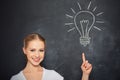 Concept idea. woman and light bulb drawn in chalk on blackboard Royalty Free Stock Photo