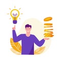 The concept of ideas for solving financial problems, profit, investment. Young man with a light bulb and a stack of coins. Vector