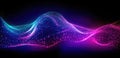 Abstract shiny wave background in purple, pink and blue lights. Digital luxury sparkling wave particles, background streams,