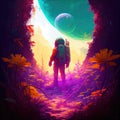 Astronaut goes to an unknown planet, where the primeval forest is filled with bright and colorful flora. Generative AI