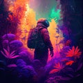 Astronaut goes to an unknown planet, where the primeval forest is filled with bright and colorful flora. Generative AI