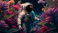 A beautiful astronaut making his way through a thicket of flowers on another planet. Generative AI Royalty Free Stock Photo