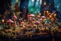 A bright enchanted forest with magical mushrooms. Generative AI Royalty Free Stock Photo