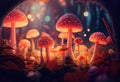 A bright enchanted forest with magical mushrooms. Generative AI