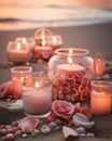 Concept illustration with burning candles and pink rose petals on a sandy beach. AI generated.