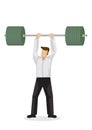 Concept illustration of a businessman lifting a heavy weight. Concept of achievement, willpower and good performance