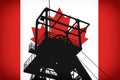 Concept Illustration With Canada Flag in the Background And Coal Mine Ferris Wheel SIlhouette in the foreground