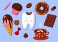 Concept illustration, cartoon style. Bad habits for teeth. harmful products. A sad tooth with caries and chocolate