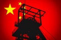 Concept Illustration With Chinese Flag in the Background And Coal Mine Ferris Wheel SIlhouette in the foreground
