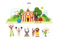Concept illustration - circus building in the park and entertainment attractions.